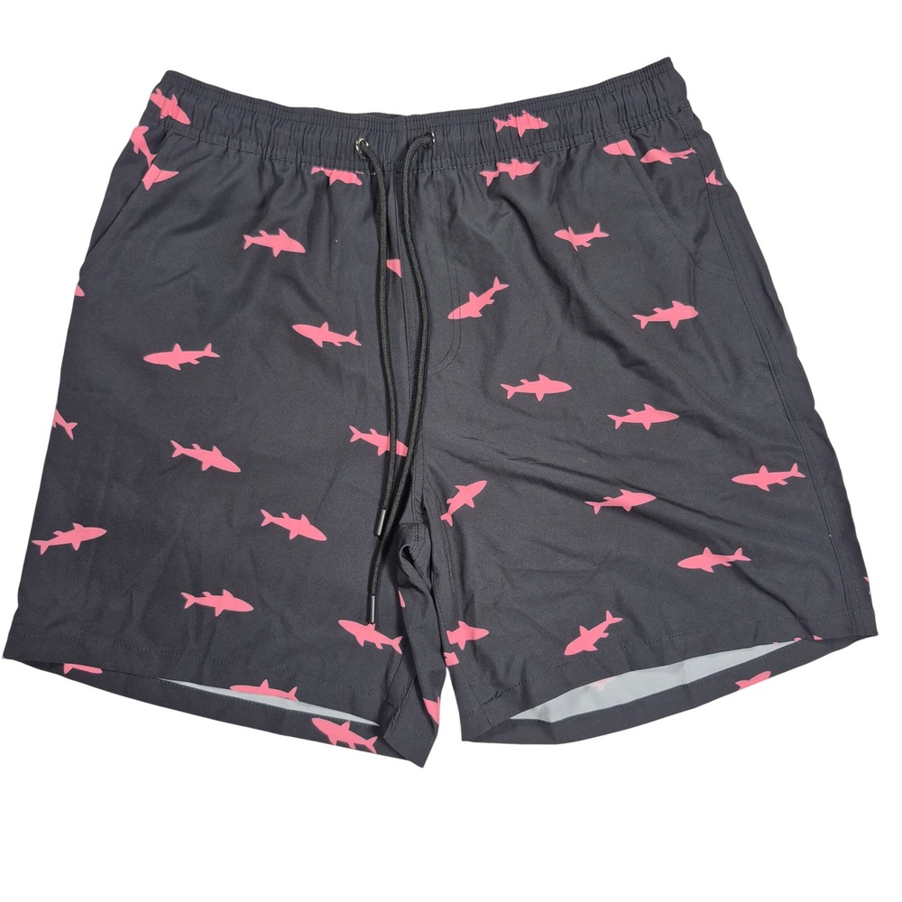 Swim Trunks Mens XL Shark Print Polyester Stretch Black Pink Beachwear